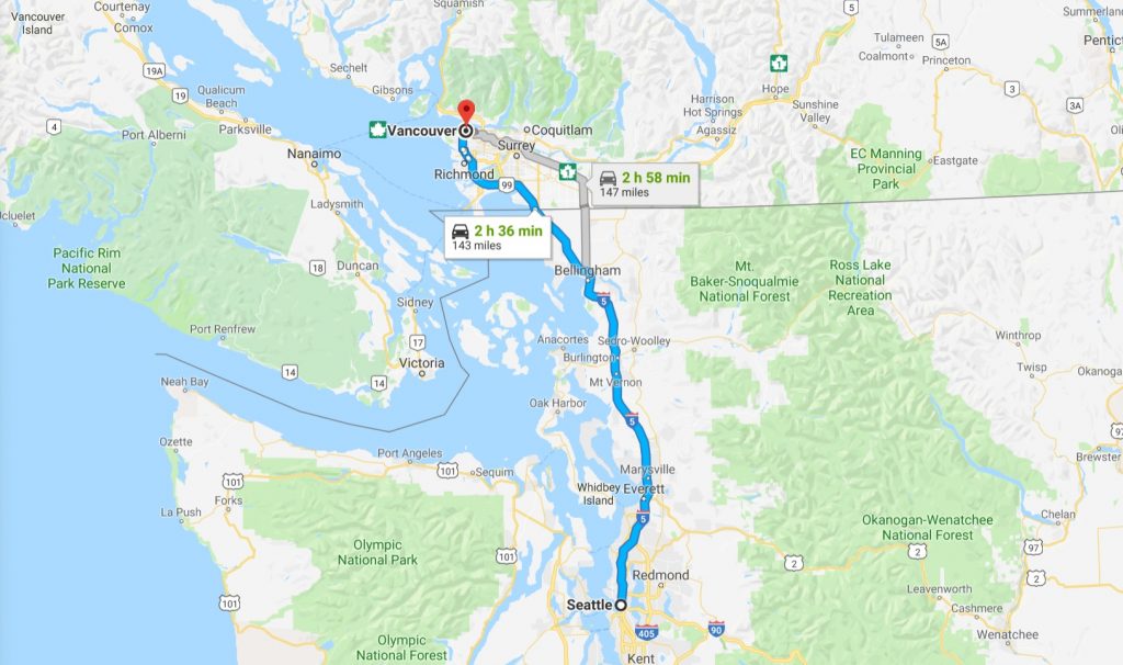 Map of travel between Vancouver and Seattle